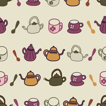 seamless pattern with teapots, cups, and spoons 