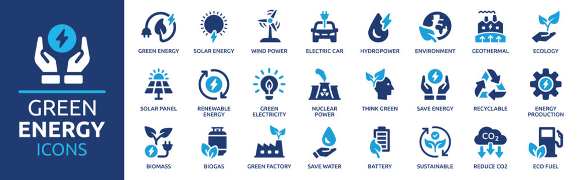 Green energy icon set. Collection of renewable energy, ecology and green electricity icons. Vector illustration.
