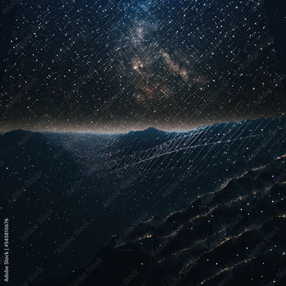 Poster abstract landscape on a dark background. cyberspace grid. hi tech network. outer space. starry outer