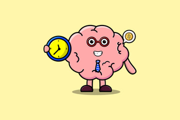 Cute cartoon Brain character holding clock illustration with happy expression
