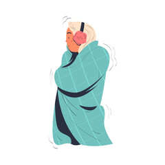 Girl in earmuffs feeling freeze wrapped in blanket trying to warm during winter or autumn season cartoon vector illustration