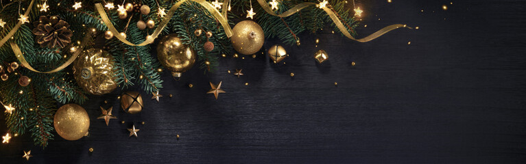Christmas background with fir branches and gold christmas balls - obrazy, fototapety, plakaty