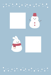 雪だるまとウサギのほのぼの可愛い写真フレーム付きの縦型ポストカード(文字なし)