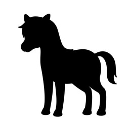 Dark silhouette of horse. Charming pony and animal, mammal and fauna. Biology and nature. Graphic element for printing on fabric. Poster or banner for website. Cartoon flat vector illustration