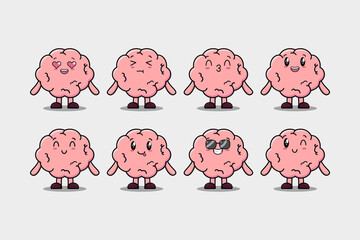 Set kawaii Brain cartoon character with different expressions cartoon face vector illustrations