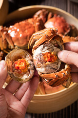 hand hold a deliclous hairy crab with crab roe close up.