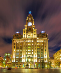 Royal Liver Building at night, Liverpool, England
