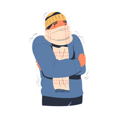 Man wearing knitted sweater, scarf and hat feeling freeze trying to warm during winter or autumn season cartoon vector illustration