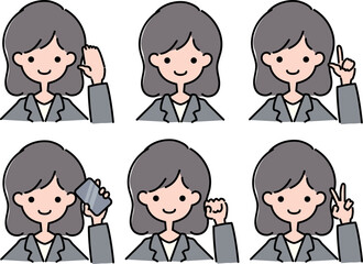 スーツでロングヘアの女性が片手を挙げるポーズ6種