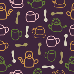 seamless pattern with teapots, cups, and spoons 