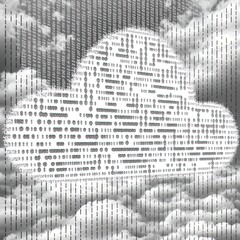 3D illustration, symbol of cloud technology in contemporary digital world with random hash codes and other digital noise around of cloud symbol