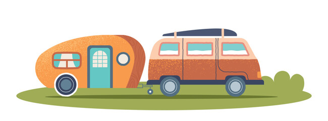 Camping trailer concept. Car with trailer in clearing, travel, adventure and tourism. Mobile home, comfort. Poster or banner for website. Hiking and leisure outdoor. Cartoon flat vector illustration
