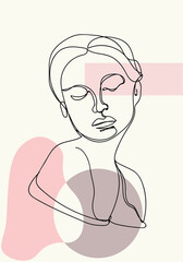 Face line art style minimal woman poster . Contemporary portrait, drawing of face and hairstyle, fashion concept, minimalist, slogan design print graph.