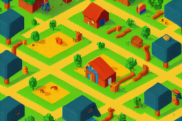 pixel farm background. Modern digital illustration.