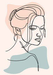 Face line art style minimal woman poster . Contemporary portrait, drawing of face and hairstyle, fashion concept, minimalist, slogan design print graph.