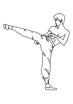 recommend clip art: One continuous line drawing of young talented karateka man train pose for duel fighting at dojo gym center. Mastering martial art sport concept.