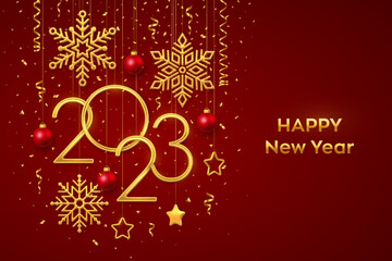 Fototapeta na wymiar Happy New 2023 Year. Hanging Golden metallic numbers 2023 with shining snowflakes, 3D metallic stars, balls and confetti on red background. New Year greeting card or banner template. Vector.