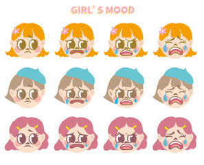 4 kinds of different emoticons of three cute girls. Orange short hair little girl's facial expression. Set of girl face avatar cartoon, group of various kids emotion icon.