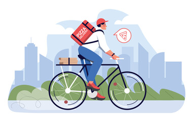 Delivery man concept. Young guy with red backpack walks against backdrop of city buildings. Online shopping and food delivery to home. Poster or banner for website. Cartoon flat vector illustration