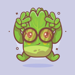 cute lettuce vegetable character mascot with peace sign hand gesture isolated cartoon in flat style design