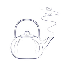 Teapot for brewing tea. Metal kettle close-up. Utensil for kitchen. Use for menu design, recipes, kitchen goods logo, icon, sticker, website, magazine. Pot for boiling water. Sketch, linear drawing