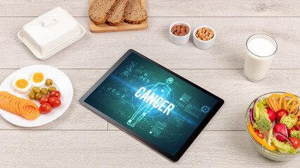 Tablet Pc with fruits, medical concept