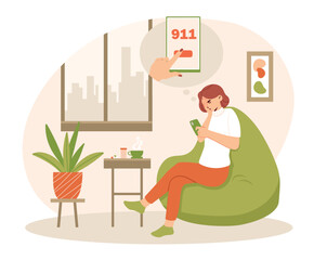 Woman sick at home. Young girl tries to call 911 and holds her head, pain. Character with pills and drugs. Health care and first aid. Poster or banner for website. Cartoon flat vector illustration