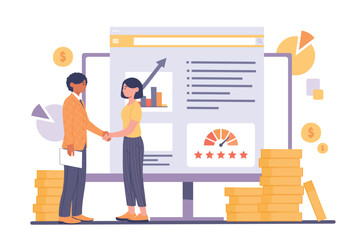 Landing page template. Man and woman shake hands against background of graphs, charts and diagrams. Characters developing interface for website, UI and UX design. Cartoon flat vector illustration