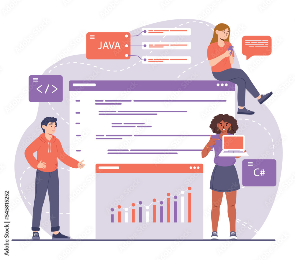 Poster programmers working concept. men and women near graphs and charts working with statistics. character