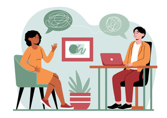 Psychological therapy concept. Woman visit specialist. Depression and frustration, mental health. Character at doctors office. Uncertainty and panic metaphor. Cartoon flat vector illustration