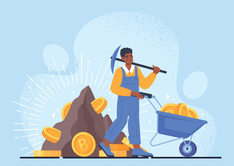 Cryptocurrency mining concept. Man carrying cart with bitcoin, modern technology and digital world. Investing and trading, passive income and financial literacy. Cartoon flat vector illustration