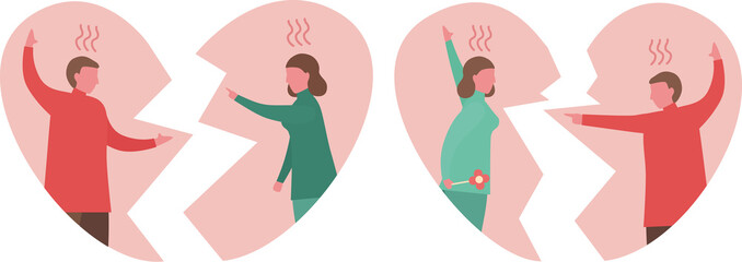 Men argue with women. Couple of love design for winter season. Vector illustration in flat style.