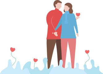Man hugs woman. Couple of love design for winter season. Vector illustration in flat style.
