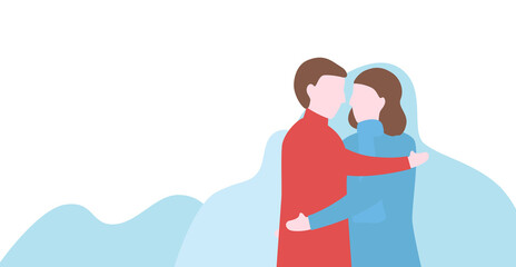Obraz na płótnie Canvas Man hugs woman. Couple of love design for winter season. Vector illustration in flat style.