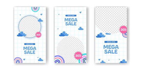 Mega Sale Offer promotion discount for baby kids toddler social media stories with cute kawaii abstract memphis pastel color