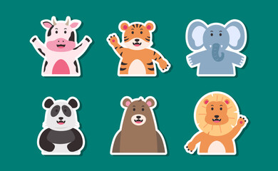 cute wildlife animal sticker set illustration. cow, tiger, elephant, panda, bear, lion