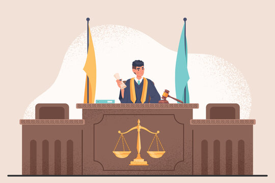 Judge in courtroom. Man in robe and with hammer approves code of laws or makes decision. Lawyer and jurisprudence, civil rights. Poster or banner for website. Cartoon flat vector illustration