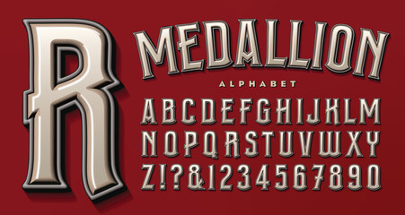 Medallion alphabet is a condensed layered alphabet with gradient, outline, and shadow effects, and an old-world flair.