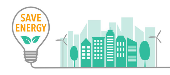 Save energy concept vector illustration. Eco city with lightbulb in flat design on white background.