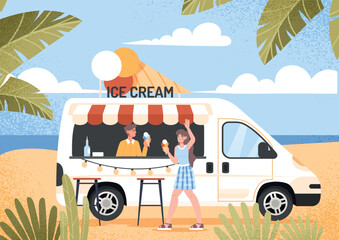 Summer party concept. Man and woman with ice cream on beach. Young couple resting, seller and buyer. Symbol of hot weather and summer season. Poster or banner. Cartoon flat vector illustration