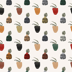 Seamless pattern with colorful pots and plants. Boho style.