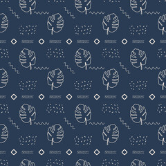 Seamless pattern with monstera and abstract elements. Dark background. Boho style. 