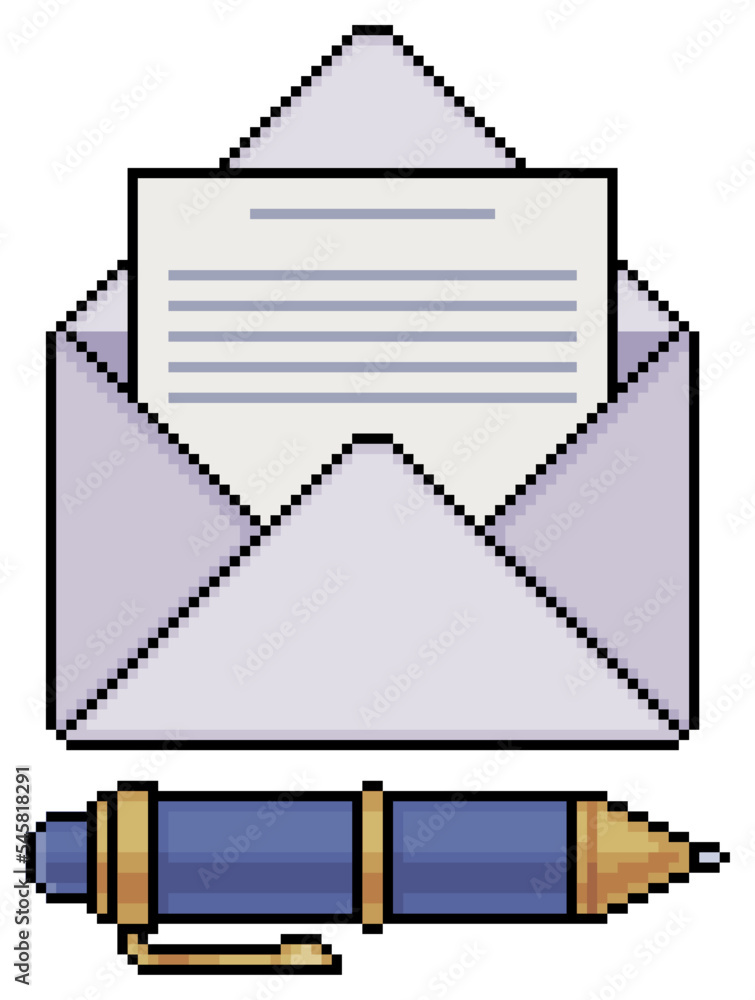 Poster pixel art open envelope with document and pen vector icon for 8bit game on white background
