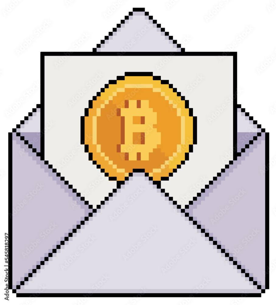 Poster pixel art envelope with paper and bitcoin vector icon for 8bit game on white background