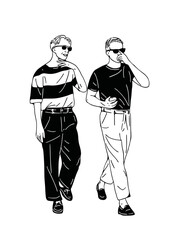 two men walking together hand drawn art illustration