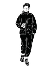 Man holding coffee cup Hipster People streetwear Hand drawn line art Illustration