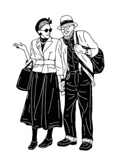 Couple Old People walking together Senior lifestyle Hand drawn line art Illustration