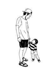 father taking children for a walk casual style man wearing street hand drawn illustration