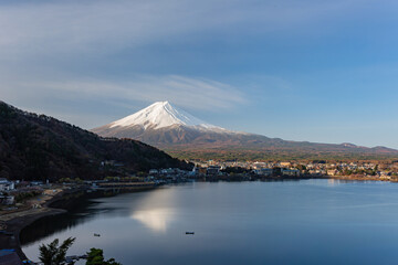 Sunrise high angle view of the Mt. Fuji with cityscape