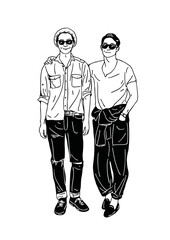 two men walking together hand drawn art illustration